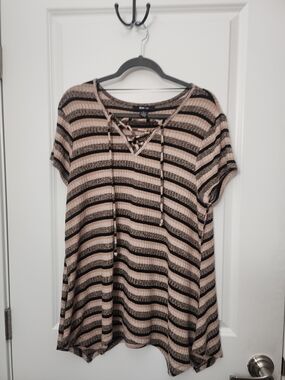 3/$25 Style & Co. Black and Tan Striped Lace-Up Short Sleeve Tunic